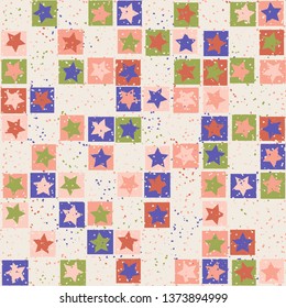 Seamless pattern. Five-pointed stars inscribed in irregular squares are arranged in torn rows against the background of the placement of small spots. The colors of the spring. Editable.