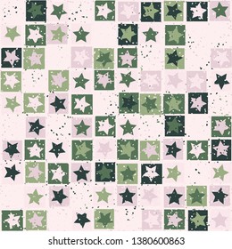 Seamless pattern. Five-pointed stars inscribed in irregular squares are arranged in torn rows against the background of the placement of small spots. The colors of the spring. Editable.