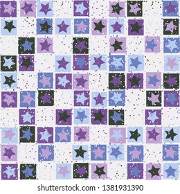 Seamless pattern. Five-pointed stars inscribed in irregular squares are arranged in torn rows against the background of the placement of small spots. The colors of the spring. Editable.