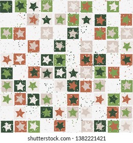 Seamless pattern. Five-pointed stars inscribed in irregular squares are arranged in torn rows against the background of the placement of small spots. The colors of the spring. Editable.