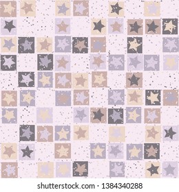 Seamless pattern. Five-pointed stars inscribed in irregular squares are arranged in torn rows against the background of the placement of small spots. The colors of the spring. Editable.