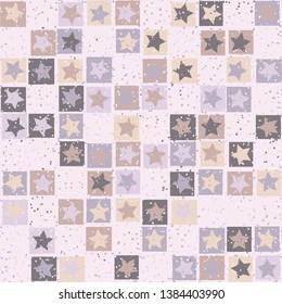 Seamless pattern. Five-pointed stars inscribed in irregular squares are arranged in torn rows against the background of the placement of small spots. The colors of the spring. Editable.