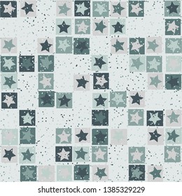 Seamless pattern. Five-pointed stars inscribed in irregular squares are arranged in torn rows against the background of the placement of small spots. The colors of the spring. Editable.