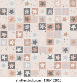 Seamless pattern. Five-pointed stars inscribed in irregular squares are arranged in torn rows against the background of the placement of small spots. The colors of the spring. Editable.