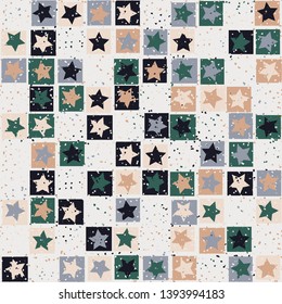 Seamless pattern. Five-pointed stars inscribed in irregular squares are arranged in torn rows against the background of the placement of small spots. The colors of the spring. Editable.