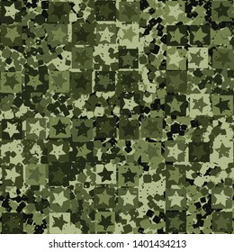 Seamless pattern. Five-pointed stars inscribed in irregular squares are arranged in torn rows against the background of a placid rounded squares. The colors of the jungle. Camouflage. Editable.