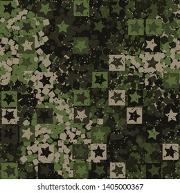 Seamless pattern. Five-pointed stars inscribed in irregular squares are arranged in torn rows against the background of a placid rounded squares. The colors of the jungle. Camouflage. Editable.