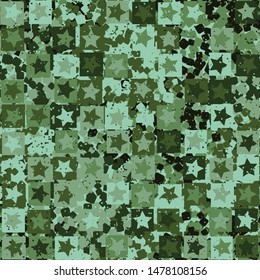 Seamless pattern. Five-pointed stars inscribed in irregular squares are arranged in torn rows against the background of a placid rounded squares. The colors of the jungle. Camouflage. Editable.