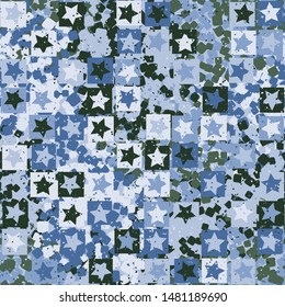 Seamless pattern. Five-pointed stars inscribed in irregular squares are arranged in torn rows against the background of a placid rounded squares. The colors of the jungle. Camouflage. Editable.