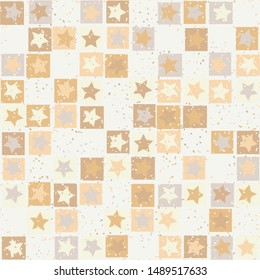 Seamless pattern. Five-pointed stars inscribed in irregular squares are arranged in torn rows against the background of the placement of small spots. The colors of the spring. Editable.
