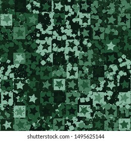 Seamless pattern. Five-pointed stars inscribed in irregular squares are arranged in torn rows against the background of a placid rounded squares. The colors of the jungle. Camouflage. Editable.