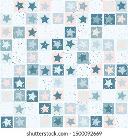 Seamless pattern. Five-pointed stars inscribed in irregular squares are arranged in torn rows against the background of the placement of small spots. The colors of the spring. Editable.