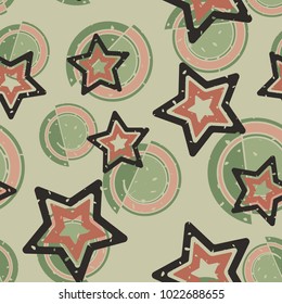 Seamless pattern. Five-pointed stars on a background of abstract figures.