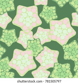 Seamless pattern. Five-pointed stars with rounded corners covered with round spots.