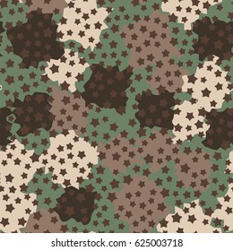 Seamless pattern. Five-pointed stars scattered in the foreground. Formless blobs in the background. Fashionable camouflage. Brown, green, beige.