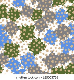 Seamless pattern. Five-pointed stars scattered in the foreground. Formless blobs in the background. Fashionable camouflage. Blue, white, beige, green, gray.