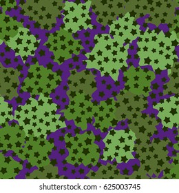 Seamless pattern. Five-pointed stars scattered in the foreground. Formless blobs in the background. Fashionable camouflage. Green, khaki, violet.