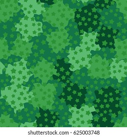 Seamless pattern. Five-pointed stars scattered in the foreground. Formless blobs in the background. Fashionable camouflage.  The shades of green.