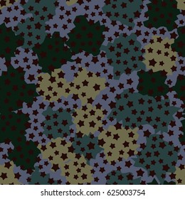 Seamless pattern. Five-pointed stars scattered in the foreground. Formless blobs in the background. Fashionable camouflage. Brown, khaki, green, gray-blue, light-khaki.