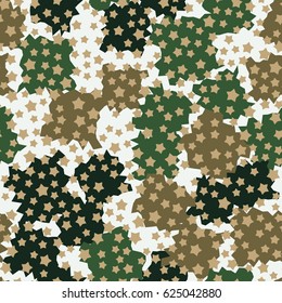 Seamless pattern. Five-pointed stars scattered in the foreground. Formless blobs in the background. Fashionable camouflage. White, brown, green.