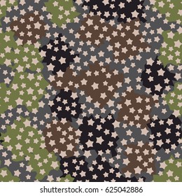 Seamless pattern. Five-pointed stars scattered in the foreground. Formless blobs in the background. Fashionable camouflage. Beige, brown, gray, green, dark-brown.