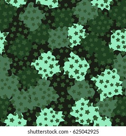 Seamless pattern. Five-pointed stars scattered in the foreground. Formless blobs in the background. Fashionable camouflage. The shades of green and dark-gray.