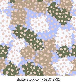 Seamless pattern. Five-pointed stars scattered in the foreground. Formless blobs in the background. Fashionable camouflage. Blue, beige, white, light-brown.