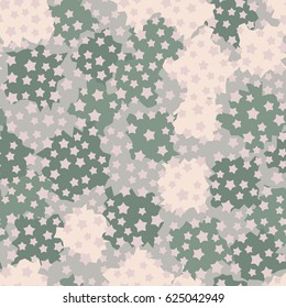Seamless pattern. Five-pointed stars scattered in the foreground. Formless blobs in the background. Fashionable camouflage. Pink-gray, light-green, green-blue.
