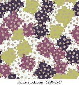 Seamless pattern. Five-pointed stars scattered in the foreground. Formless blobs in the background. Fashionable camouflage. Pink, purple, green-yellow, beige.