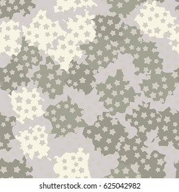 Seamless pattern. Five-pointed stars scattered in the foreground. Formless blobs in the background. Fashionable camouflage. Beige, yellow, green-gray.