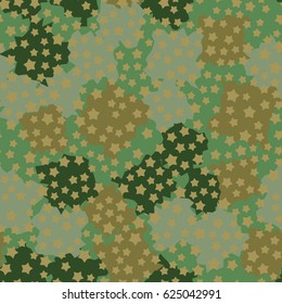 Seamless pattern. Five-pointed stars scattered in the foreground. Formless blobs in the background. Fashionable camouflage. Khaki, green, gray-green.