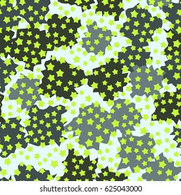 Seamless pattern. Five-pointed stars scattered in the foreground. Formless blobs in the background. Fashionable camouflage. Green, gray, light-green.