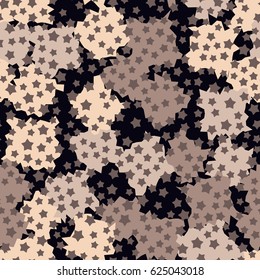 Seamless pattern. Five-pointed stars scattered in the foreground. Formless blobs in the background. Fashionable camouflage. Black, brown, beige.