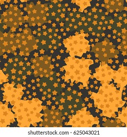 Seamless pattern. Five-pointed stars scattered in the foreground. Formless blobs in the background. Fashionable camouflage.  Orange, yellow, dark-gray, khaki.
