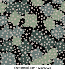 Seamless pattern. Five-pointed stars scattered in the foreground. Formless blobs in the background. Fashionable camouflage. Black, beige, gray-blue, light green.