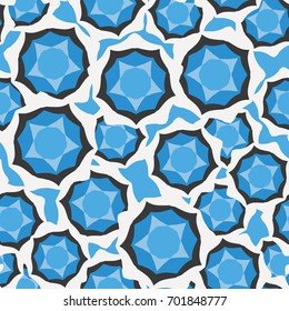 Seamless pattern. Five-sided figures located chaotically. Glamorous camouflage. White, gray, blue.