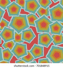 Seamless pattern. Five-sided figures located chaotically. Glamorous camouflage. Orange, yellow, blue.