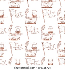 Seamless pattern with a flag and a cat in a high hat.