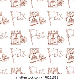 Seamless pattern with a flag and a tear-off calendar, on March 17 day.