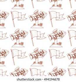 Seamless pattern with a flag and a wooden arrow pointer.