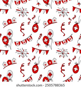 Seamless pattern with flags, balloons, fireworks, fireworks, confetti festive theme of Canada. Vector flat illustration for the symbols of a clover leaf in red colors of the Canada Day themed holiday