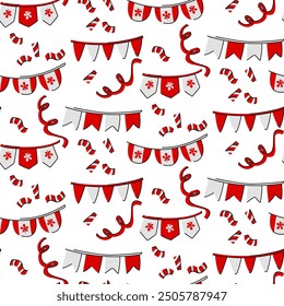 Seamless pattern with flags, fireworks, confetti of the festive theme of Canada. Vector flat illustration for the symbols of a clover leaf in red colors of the Canada Day themed holiday on white