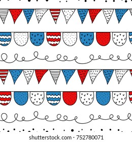Seamless pattern with flags garlands in doodle style. Simple background with lines, dots, waves for birthday celebration party.