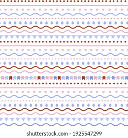 Seamless pattern with flags, hearts, eggs. Easter theme. Vector design ornament.