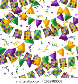 Seamless pattern with flags in Mardi Gras colors. Carnival background for traditional holiday or festival.