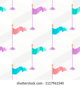 Seamless pattern of flags in pastel colors on background with white podiums. Vector cartoon background with game elements. Design concept can be used for web banner, poster, wallpaper, wrapping paper
