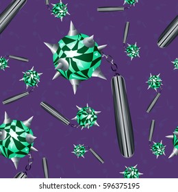 Seamless Pattern Flail Cartoon Medieval Weapon. Mace Vector Illustration Background  for RPG, Web, Mobile App, Infographics. Game asset. Backdrop for Wallpapers,  Surface Textures, Wrapping
