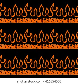 Seamless pattern with flames, bonfire, fire. Orange and black color. Vector illustration