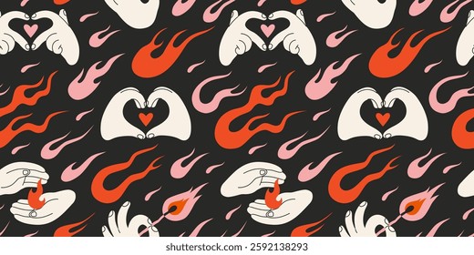 Seamless pattern with flames and Hands gestures making Heart shape or holding fire. Love and passion concept in y2k aesthetic. Trendy modern vector illustration on black background, hand drawn, flat