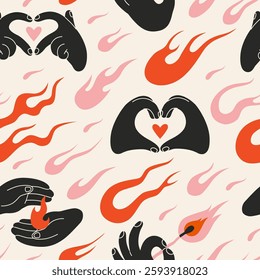 Seamless pattern with flames and Hands gestures making Heart shape or holding fire. Love and passion concept in y2k aesthetic. Trendy modern vector illustration on light background, hand drawn, flat